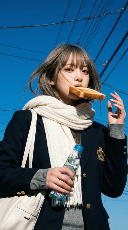 Late for School Toast Girl Blue Sky Snapshot