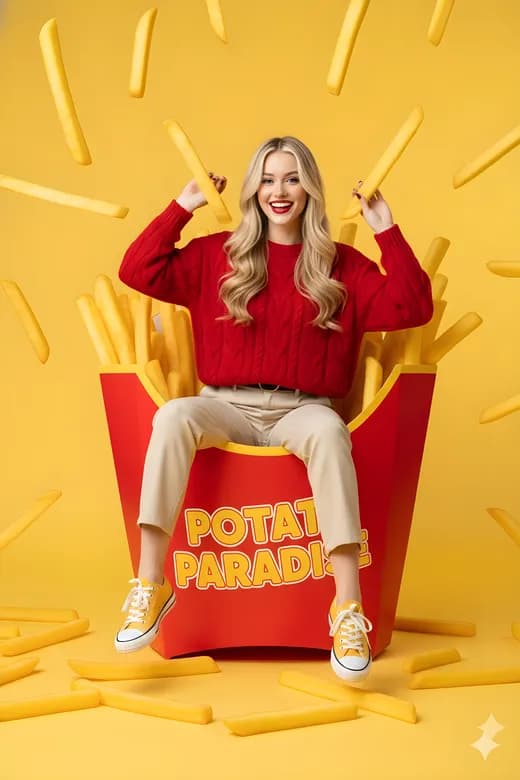 Playful Girl in French Fries Ocean
