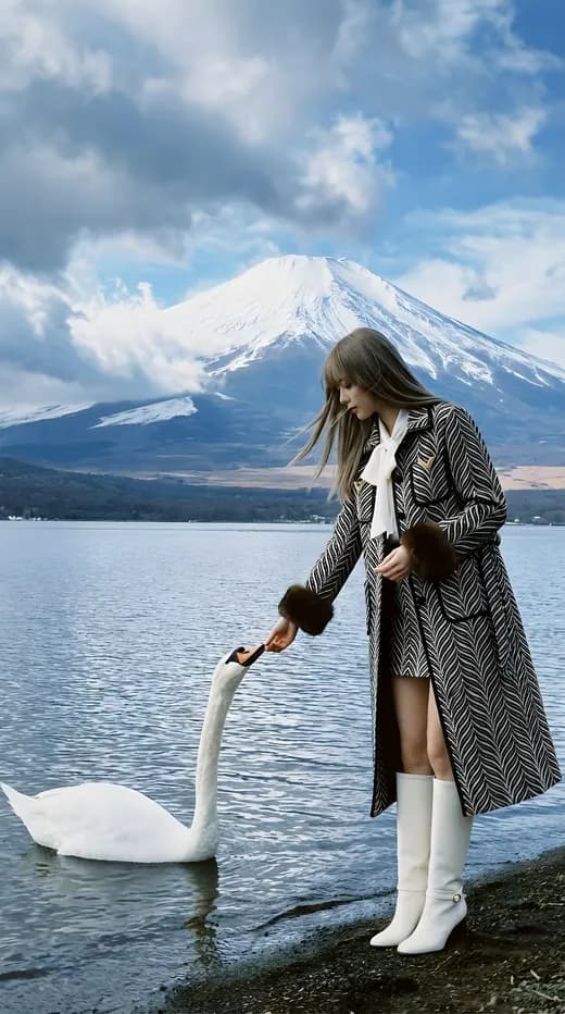 Feeding Swan by Mount Fuji Lake — Generated result