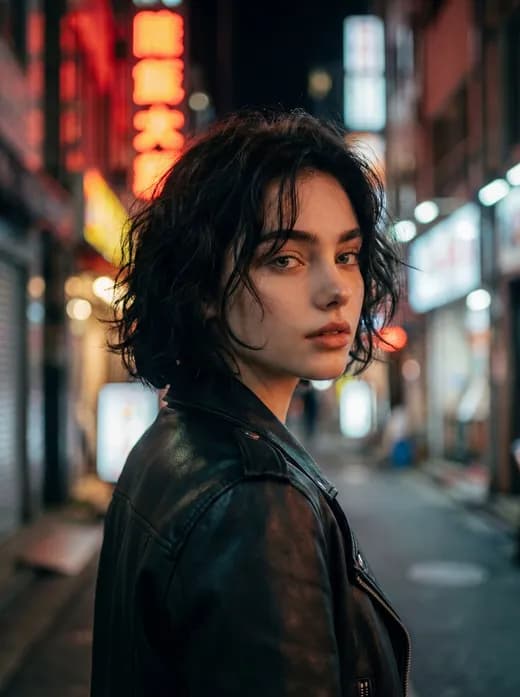 Neon Night Street Portrait Looking Back