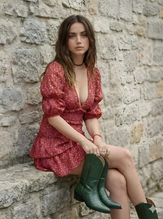 Bohemian Red Dress Girl Against Stone Wall