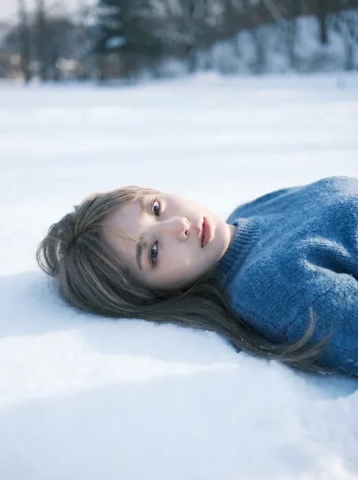 Snow Field Blue Sweater Girl Lying Portrait — Generated result