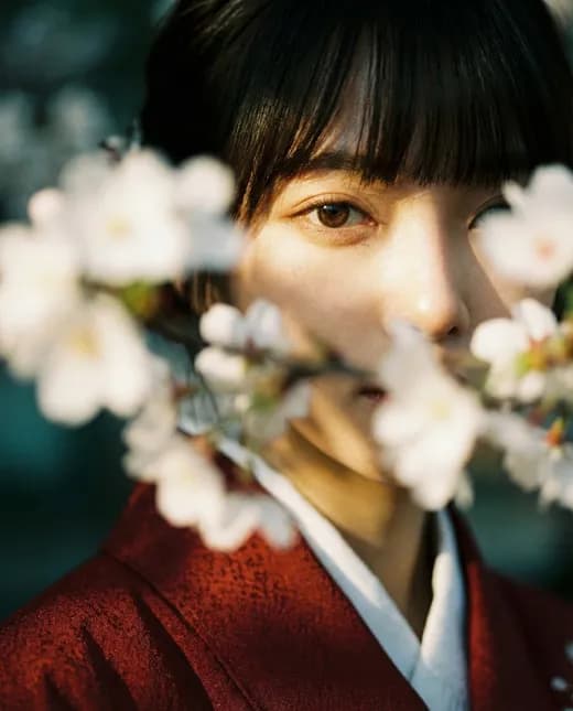 Wabi-Sabi Kimono Portrait Through Blossoms — Generated result