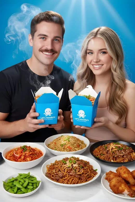 Vibrant Noodle Couple Shot — Generated result