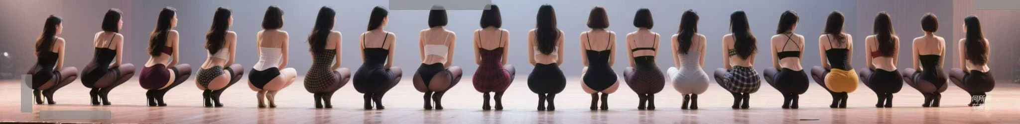 Multiple women crouching on a stage