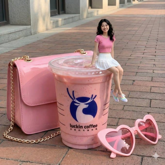 Girl sitting on a Luckin Coffee cold drink cup