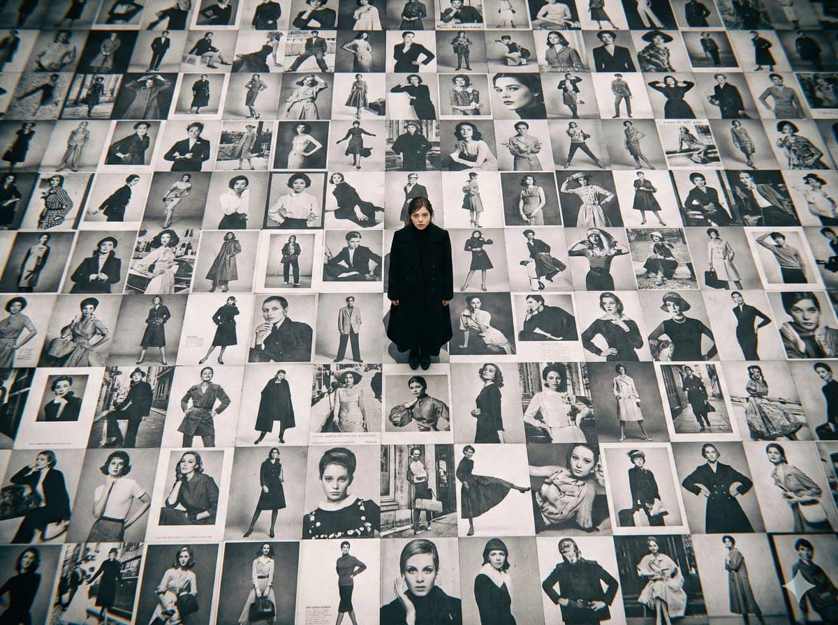 Model Standing on a Floor Covered in Black and White Billboards — Generated result