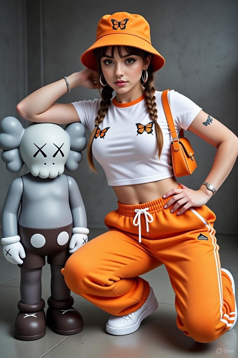 Woman Standing Next to a KAWS-Style Art Sculpture