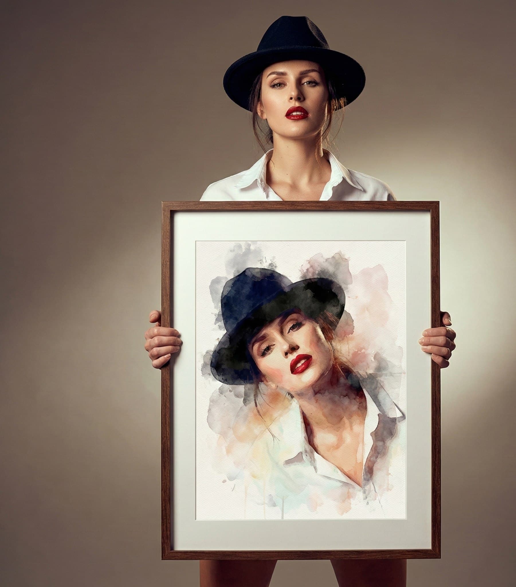 Woman Holding a Wooden Photo Frame of Herself