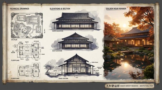 Planche de présentation réalisée pour une résidence par un illustrateur architectural — Generated result