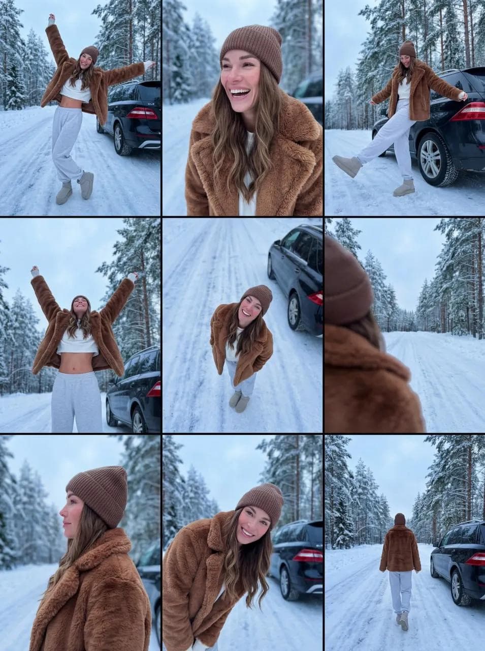 3x3 Grid Collage of Young Woman in Winter Forest