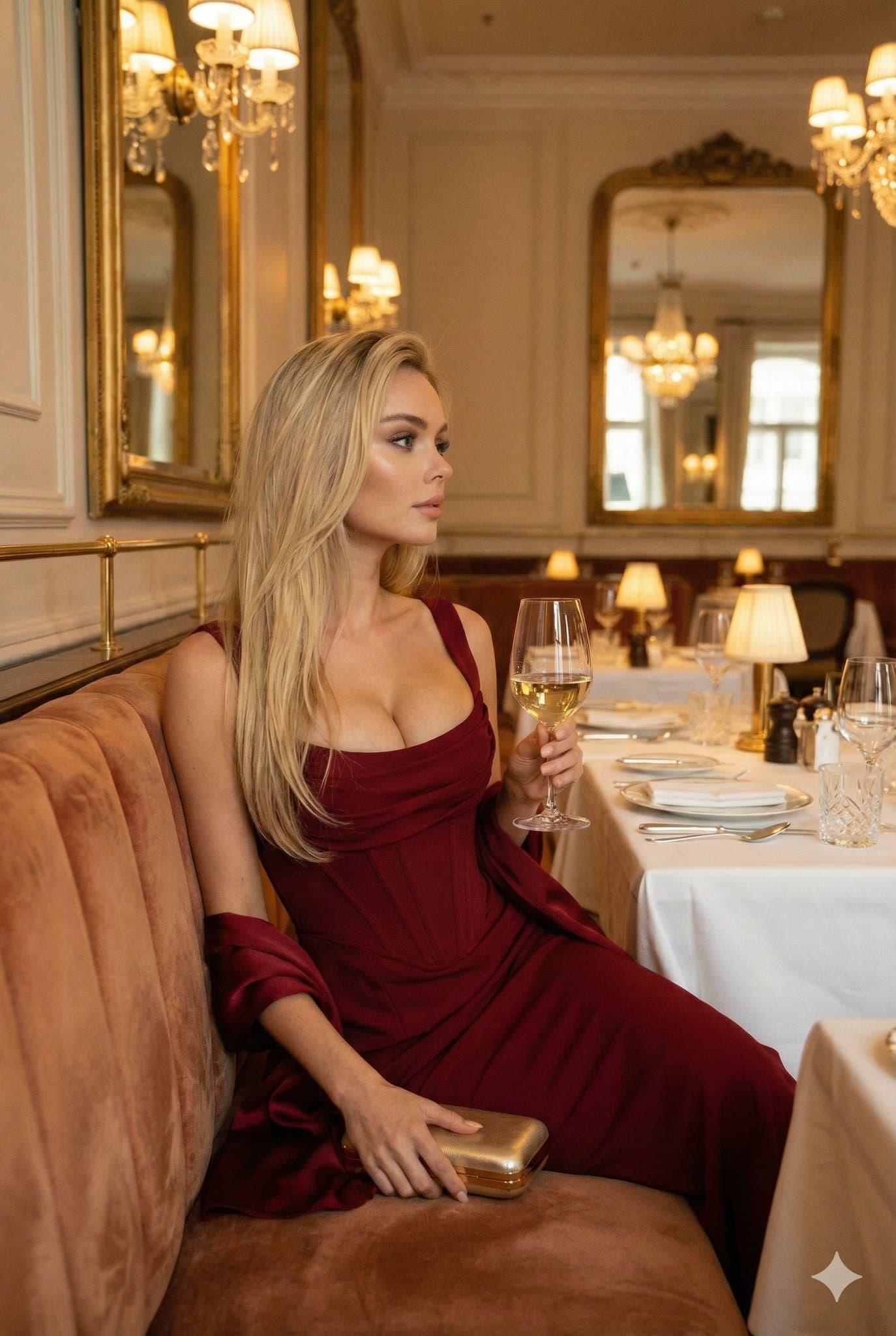 Crimson Dress Girl with White Wine — Generated result