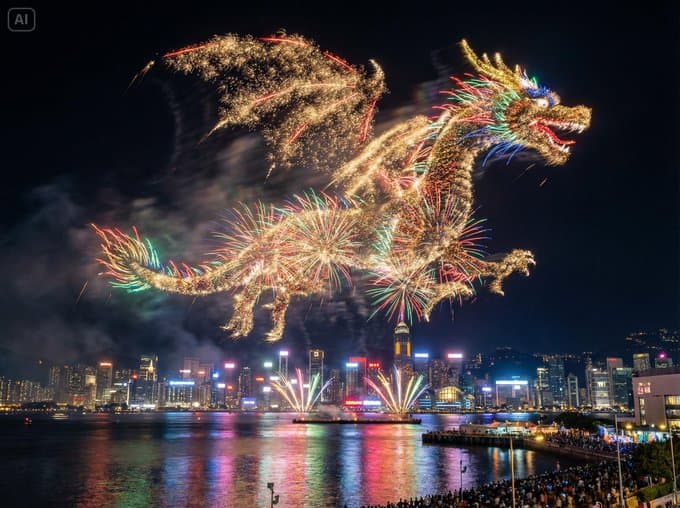 Fireworks Outlining a Theme Over Waterfront City — Generated result