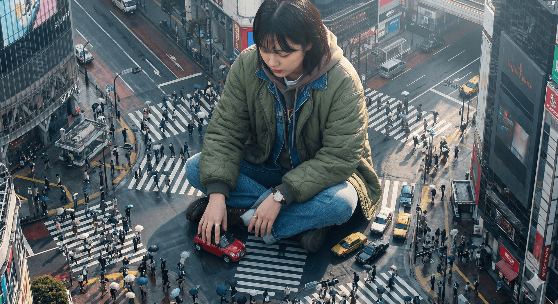 Giant Korean Woman in Bustling Street — Generated result