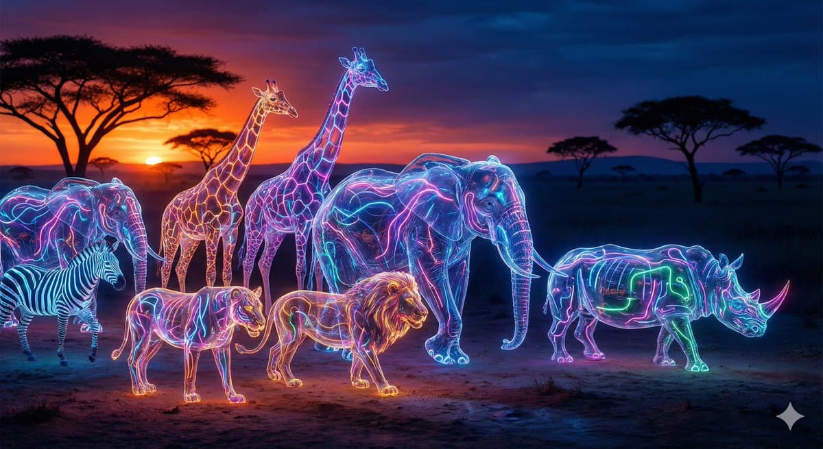 Animals and humans transformed into neon glass creatures