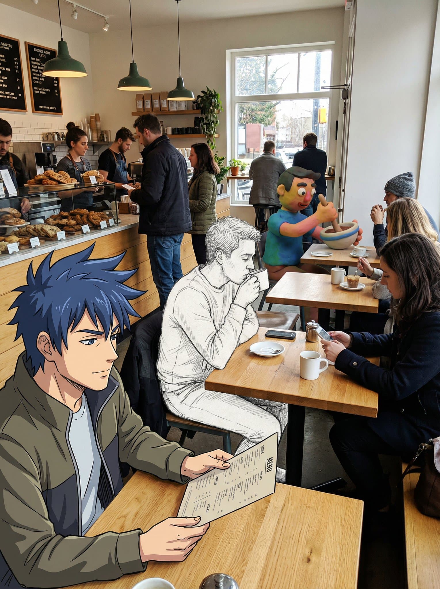 Fusion of Anime, Sketch, and Claymation Characters — Generated result