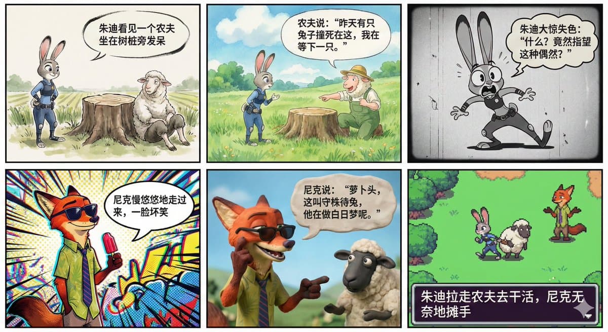 6-Panel Comic with Different Styles in Each Panel