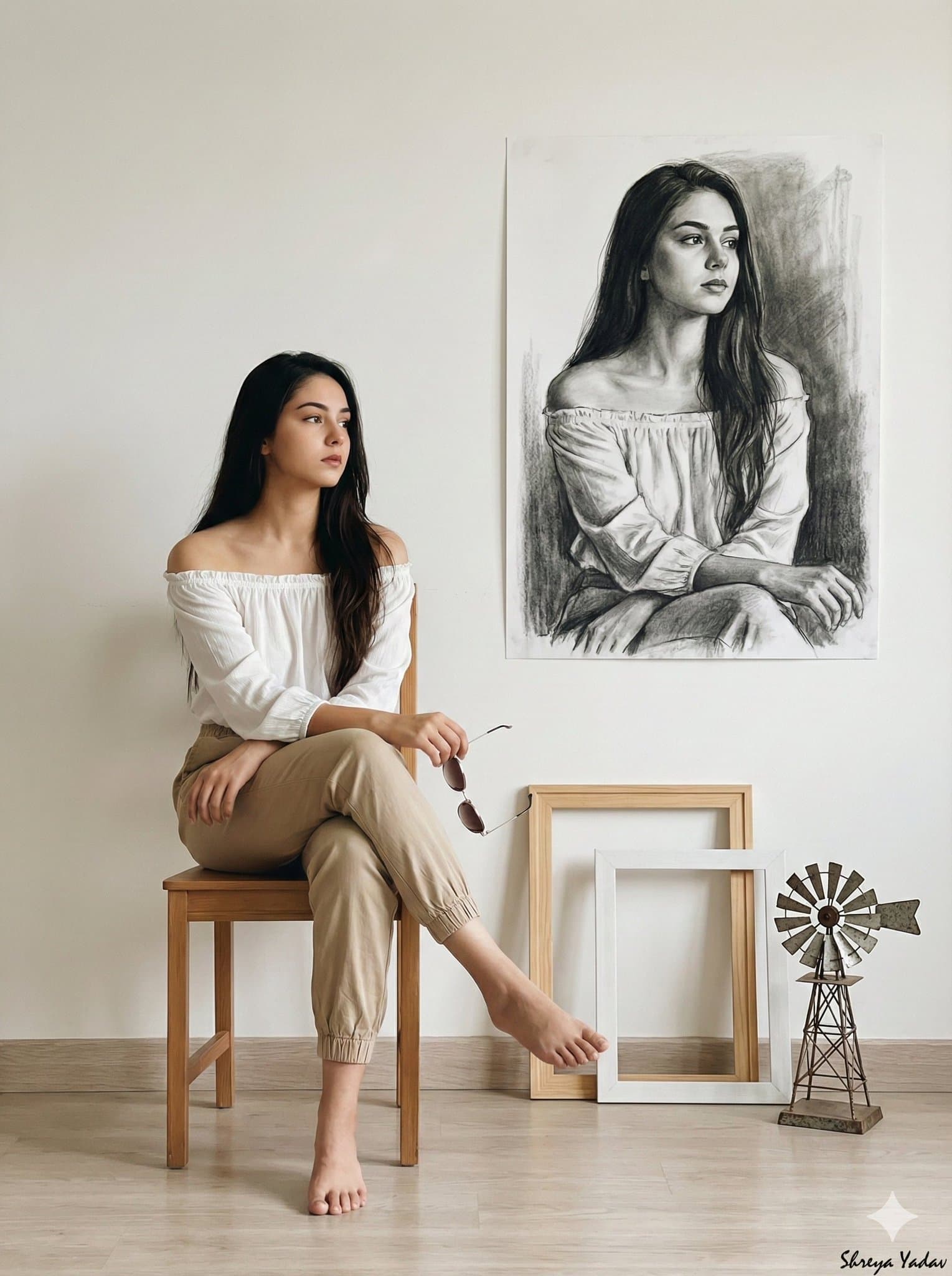 Woman Sitting Barefoot Cross-legged on Simple Wooden Chair