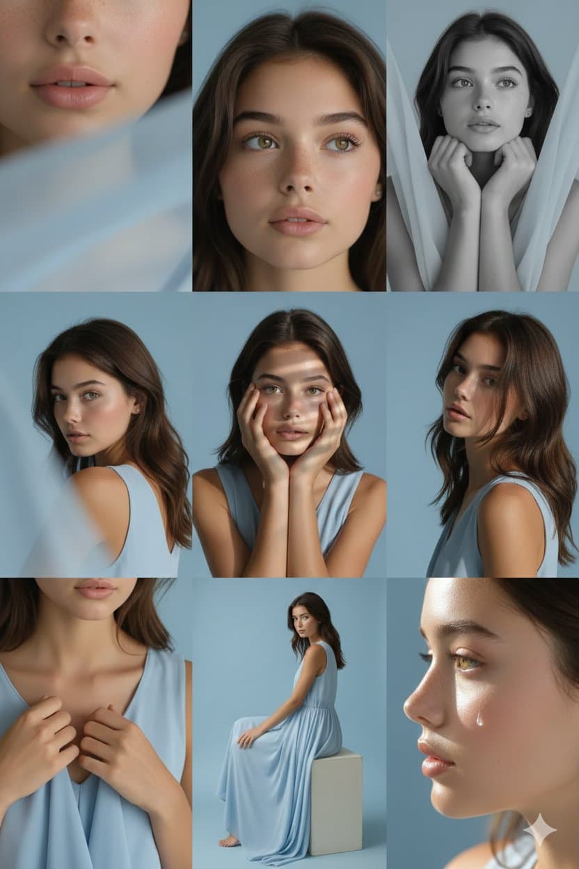 3x3 Grid Soft Pastel Blue Studio Portrait — Generated result