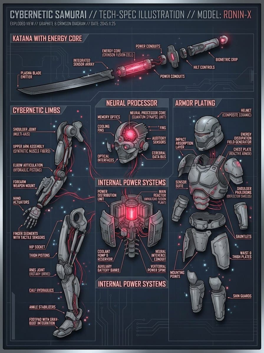 Detailed Technical Diagram of a Cyber Samurai — Generated result