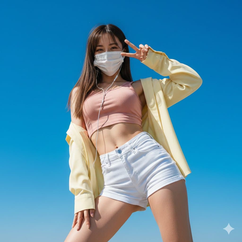 Girl wearing a mask making a peace sign