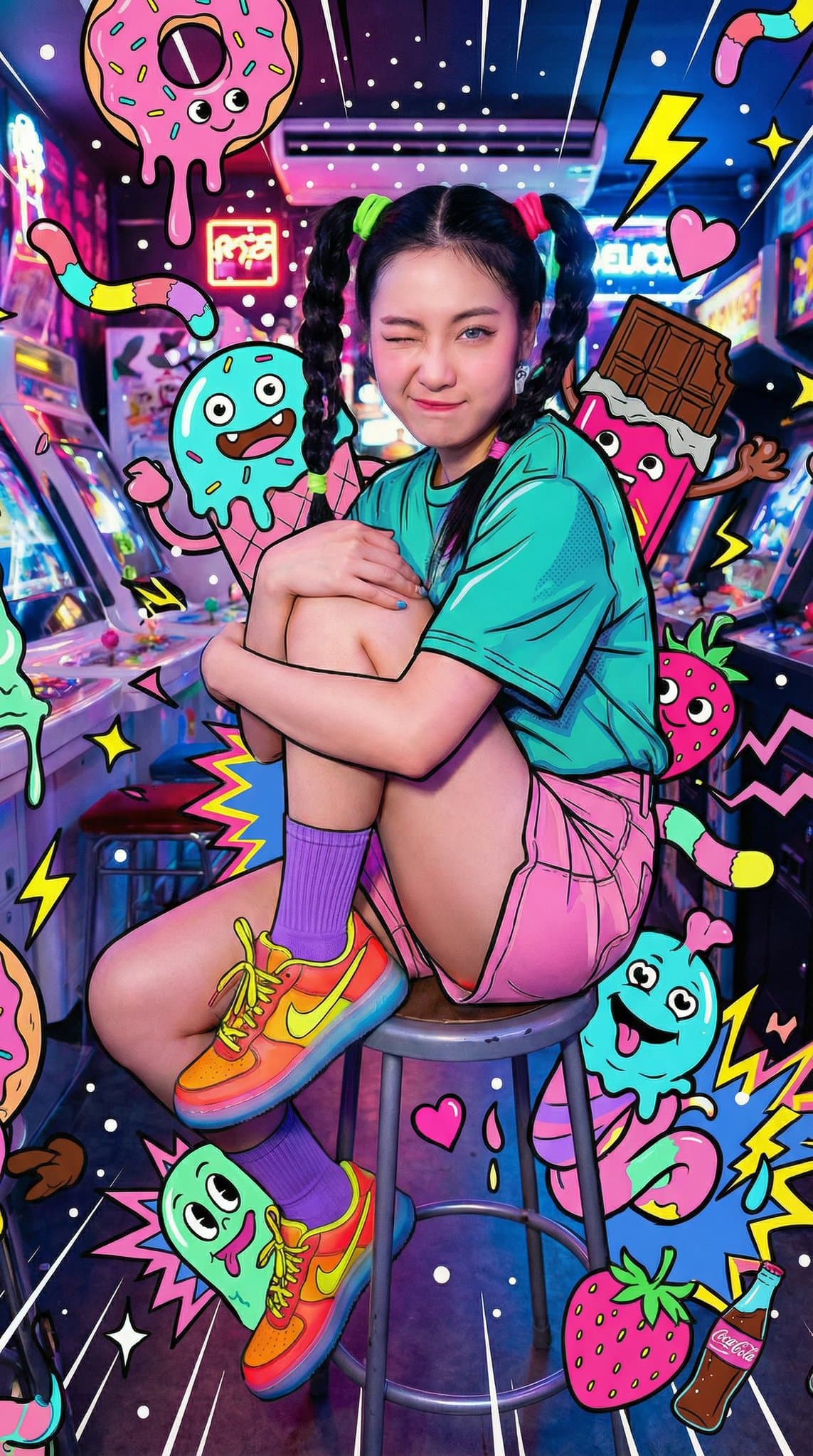 Young Woman Sideways on Arcade Stool