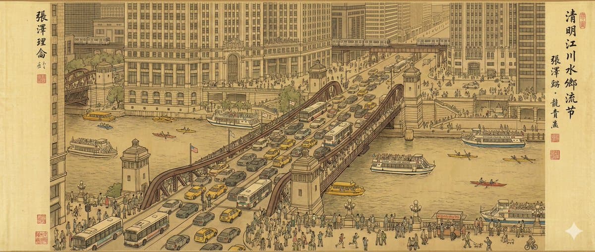 Modern Chicago Riverwalk in Qingming Shanghe Tu Style