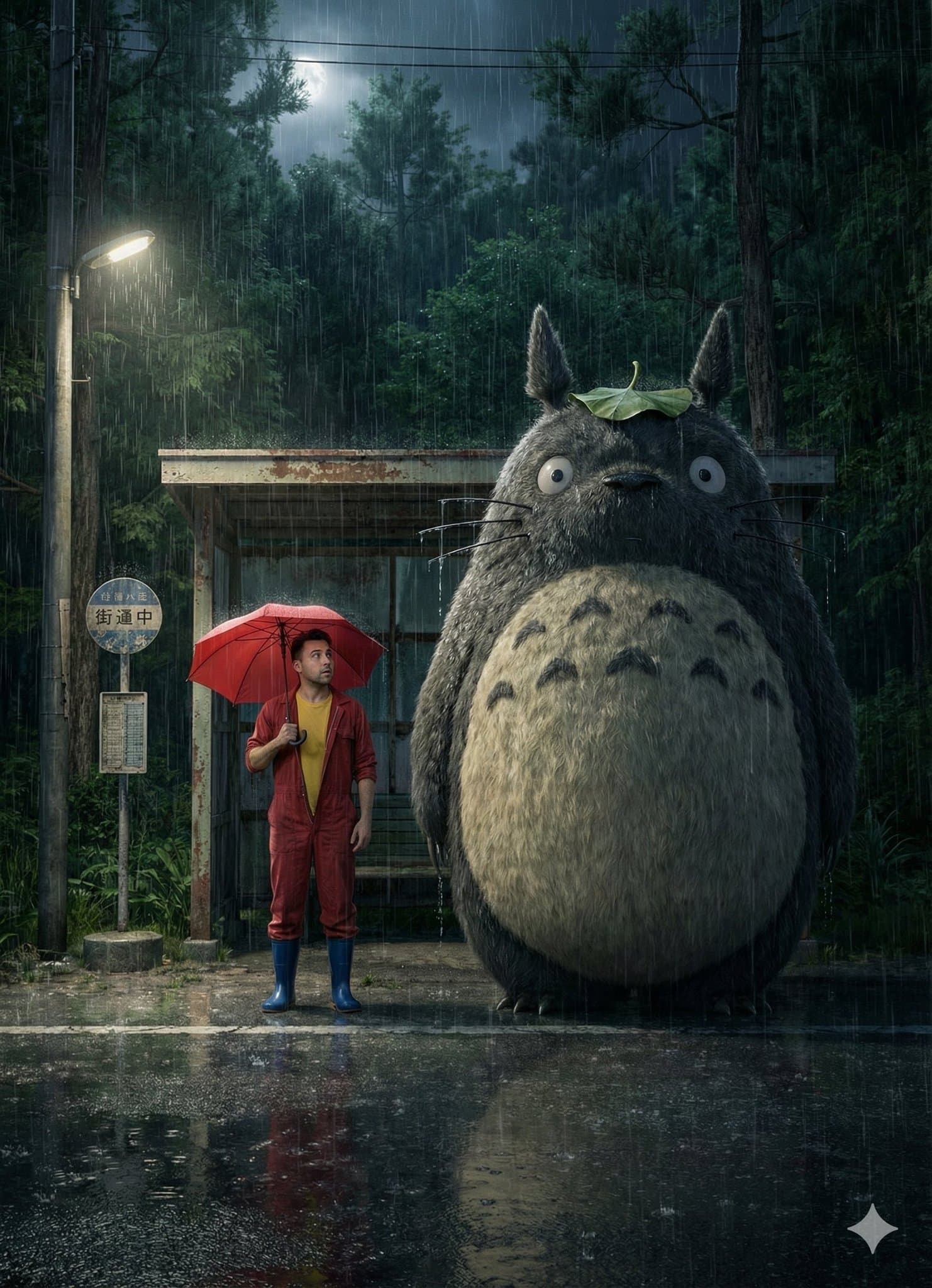 Rainy Night Scene at a Japanese Rural Bus Stop