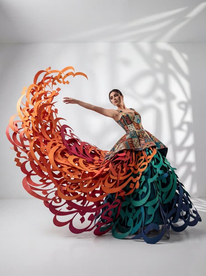 Wearing a stunning conceptual avant-garde gown — Generated result