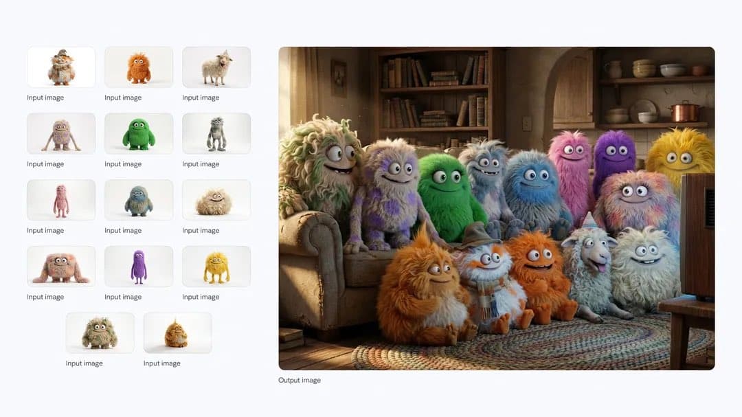 14 Fluffy Creatures Squeezed on a Sofa — Generated result
