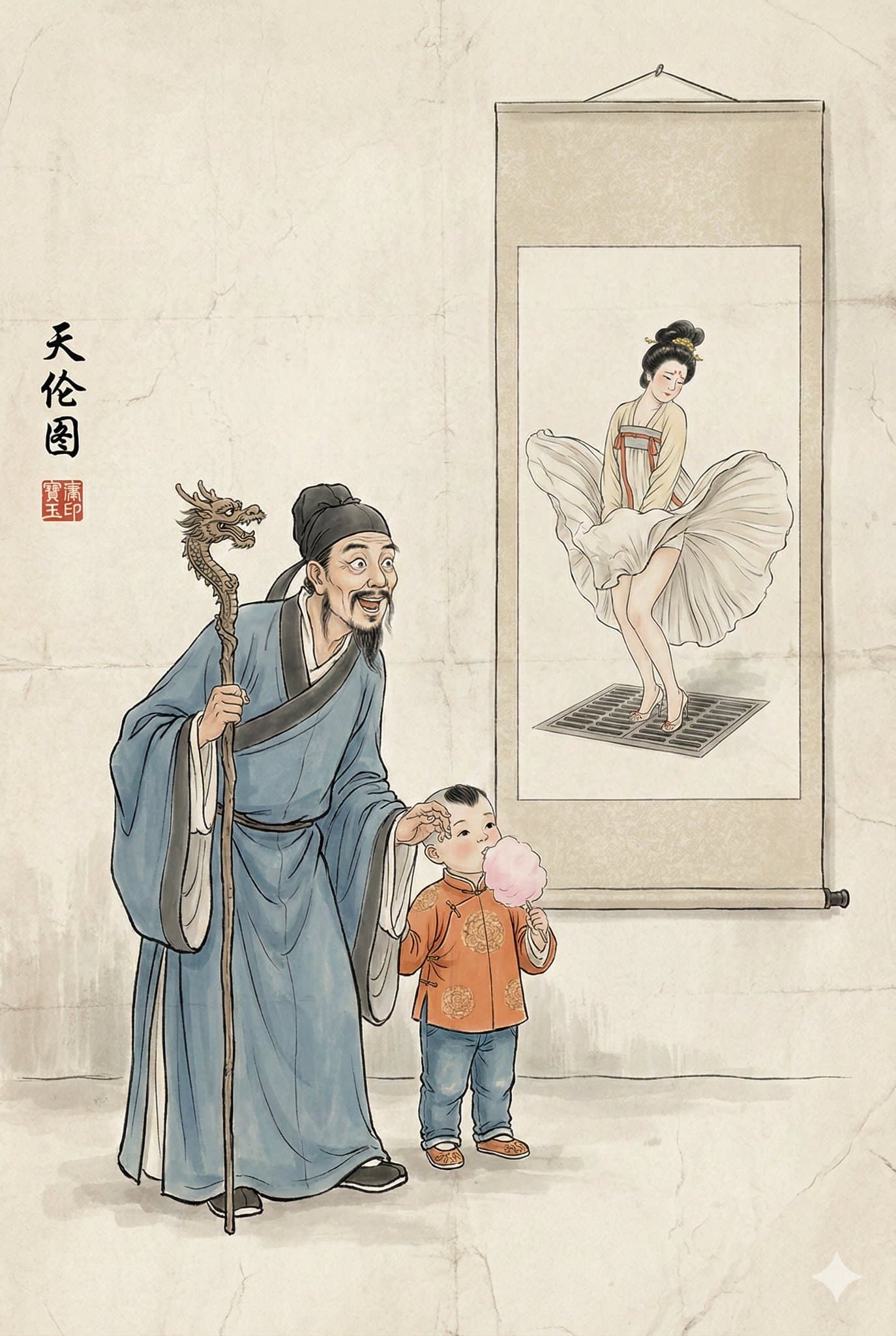 Humorous ink painting of family happiness