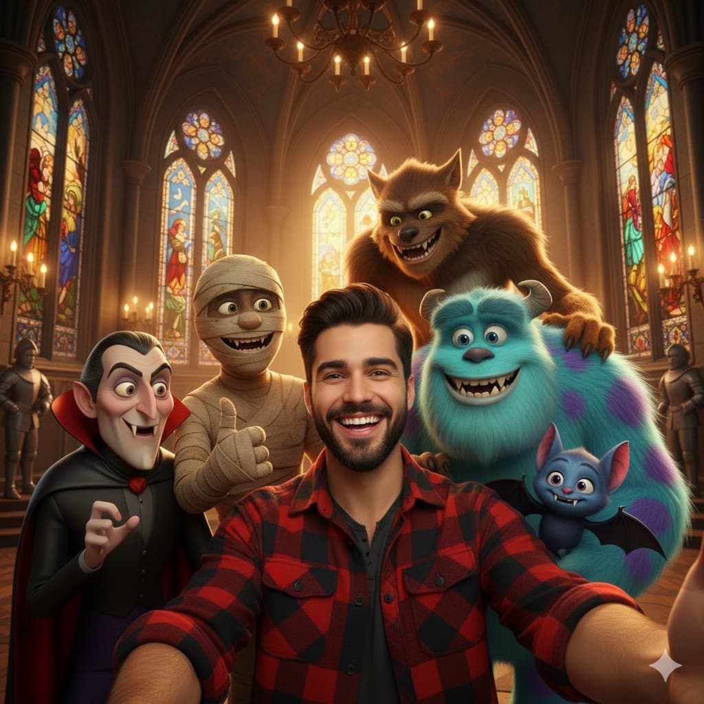 Selfie-style photo surrounded by several animals