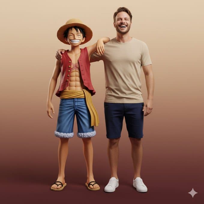 Hyperrealistic full body portrait interacting with Luffy — Generated result