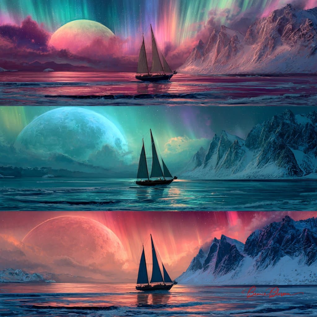 Three Different Fantasy Sailing Ships in the Ocean — Generated result